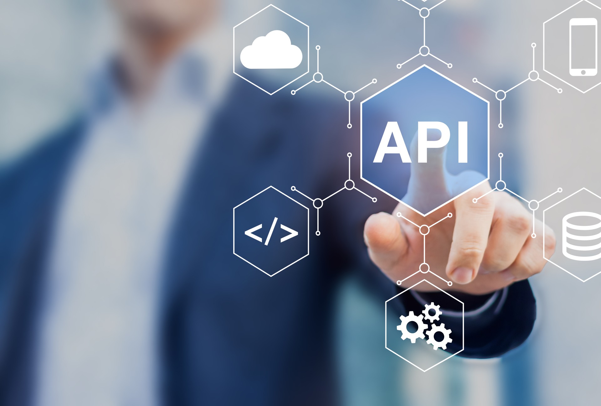 API Application Programming Interface connect services on internet and allow network data communication, software engineer touching concept for IoT, cloud computing, robotic process automation